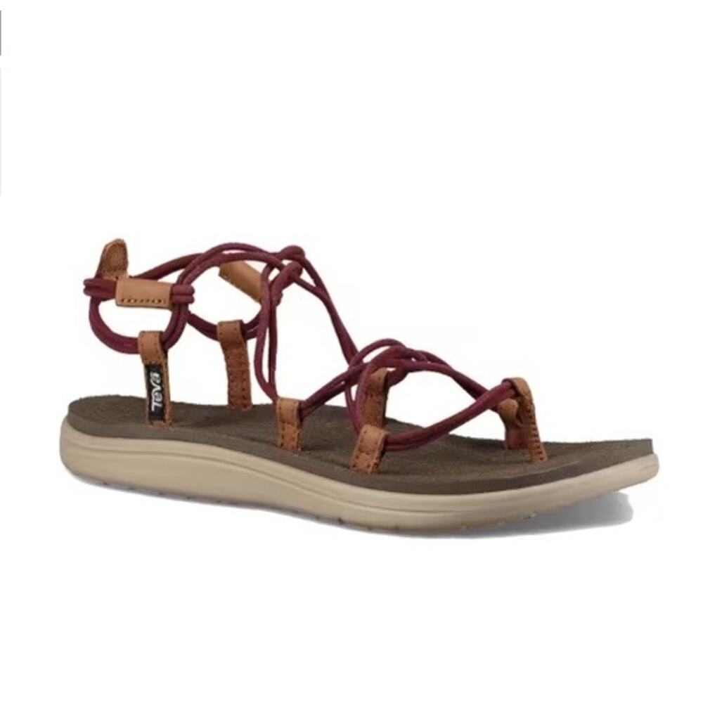 Teva Strappy Leather and Cord Sandals in Brown and Burgundy